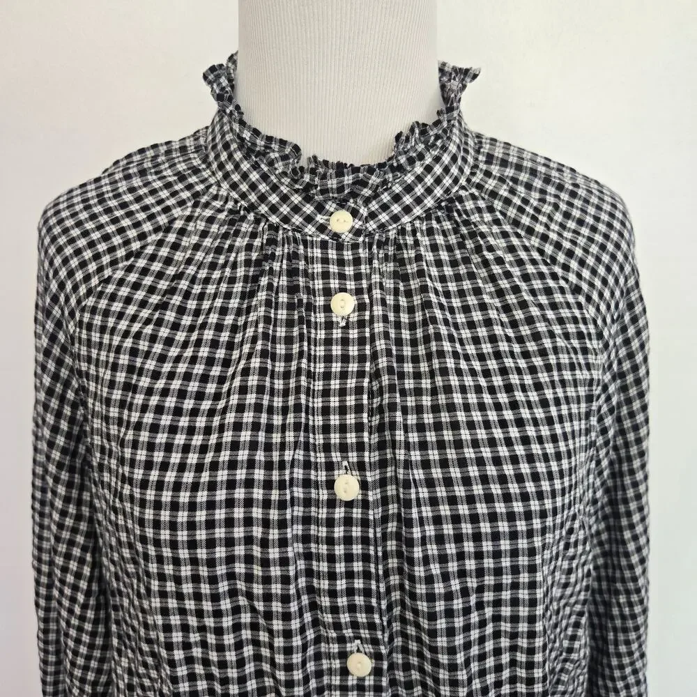 J Crew Womens Victorian Ruffle Neck Button Up Shirt Plaid Elevated Basics Work 8